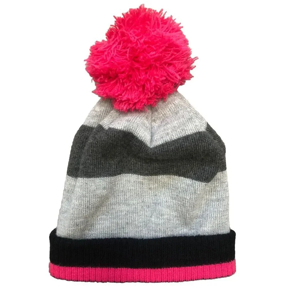 HOT PAWS Girls Knit Beanie Hat Gray Pink‎ PomPom S 4Y-6Y